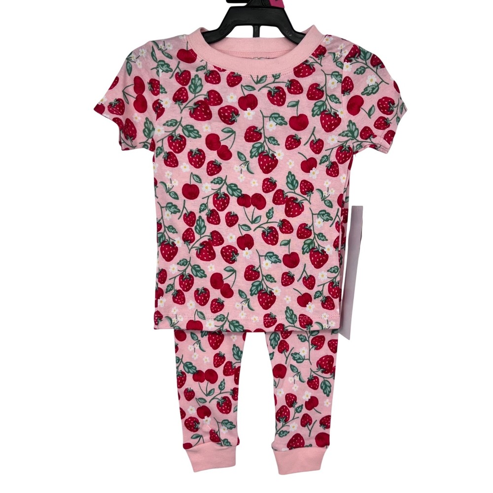 Pink Strawberry Cherry Print Pajamas Girls 18M Snug Fit 2pc Set Springtime Cute